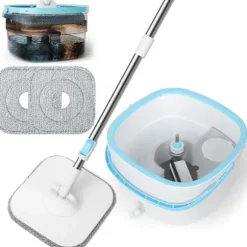 130 cm moppset med hink, 2-i-1 filtreringssystem för att separera smuts från färskvatten, rengöringshink, mopp med vridfunktion, levereras med 2 mi