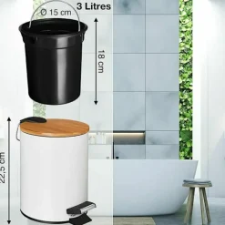 3 liters badrumssopkorg pedal soptunna med mjukstängningssystem Elegant design kosmetisk soptunna med vitt bambuträlock
