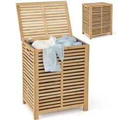 COSTWAY 80L bambu tvättkorg, tvättkorg med lock, foderpåse och handtag, 50 x 35 x 62 cm, natur Naturlig