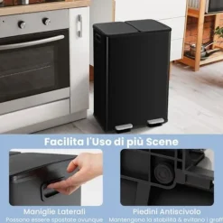 COSTWAY Sopsortering Köksavfall, 2 Fack 2 x 30L, Dämpad Tyst Stängning, Anti-fläckar och Lukter Svart