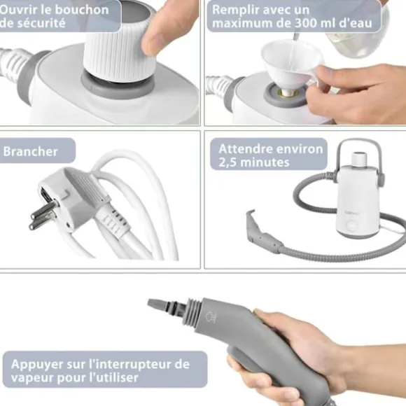 Handdammsugare med ångfunktion 1000W COSTWAY för vägglöss 300 ml tank 10 tillbehör Temperatur 95°C Tryck 3 Bar