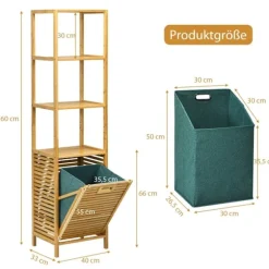 Högt badrumsskåp med tvättkorg av bambu med hyllplan perfekt för badrum 40 x 33 x 160 cm natur