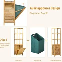 Högt badrumsskåp med tvättkorg av bambu med hyllplan perfekt för badrum 40 x 33 x 160 cm natur