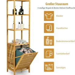 Högt badrumsskåp med tvättkorg av bambu med hyllplan perfekt för badrum 40 x 33 x 160 cm natur