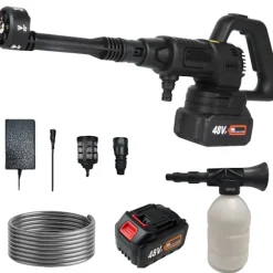 Högtryckstvätt, 150W effekt, 10bar tryck, 3,6L/min vattenflöde,Svart 2x Batteri, Batteridriven