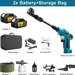 Högtryckstvättspistol, 250 BAR tryck, 7L/min vattenflöde,2 Batteri 1 Kontakt