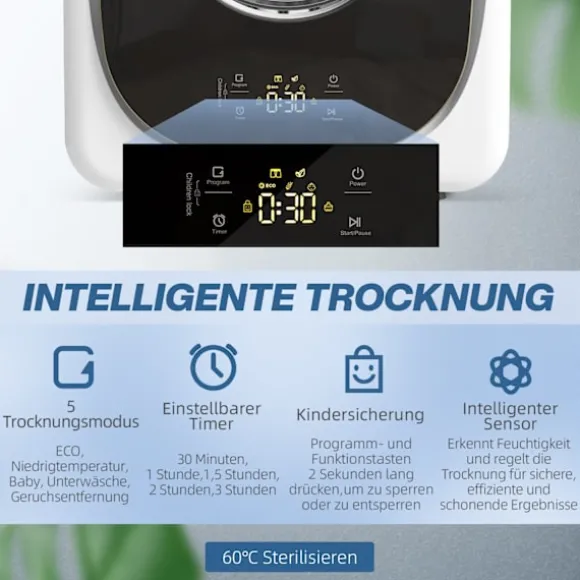 Kompakt torktumlare, 4 kg kapacitet, 5 lägen, timer