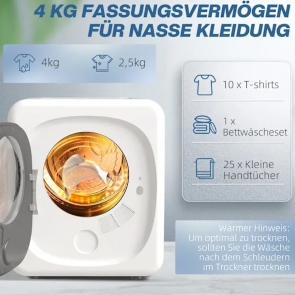 Kompakt torktumlare, 4 kg kapacitet, 5 lägen, timer