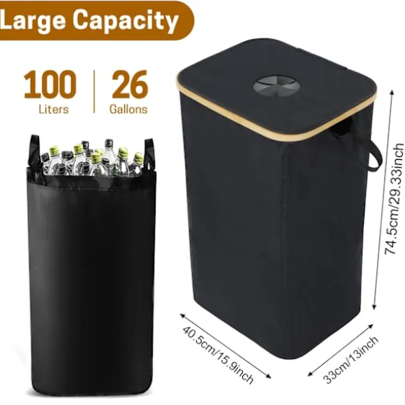 100L/26 Gallon Insamlingskärl för inomhusbruk med innerpåse, tillverkad av rivtålig 600D Oxford-tyg, används för att samla in olika flaskor och kartonger i köket. Black | Fyndiq