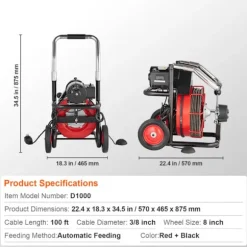 Maskin för Avloppsrengöring - DUOKU - D1000 - 100FT x 3/8 Tum - Automatisk Matning - 8 Skärare röd + svart