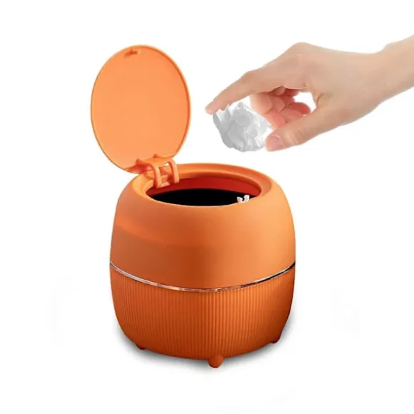 Mini rund papperskorg med lock, i plast, för hem, kök, badrum, kontor (orange) db