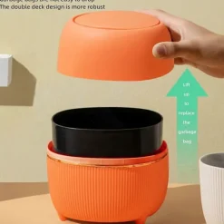 Mini rund papperskorg med lock, i plast, för hem, kök, badrum, kontor (orange) db