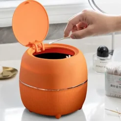 Mini rund papperskorg med lock, i plast, för hem, kök, badrum, kontor (orange) db