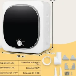 Minitorktumlare 2.5KG med 5 program upp till 69℃ avluftstork 800W