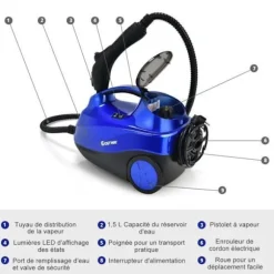 Mångsidig Ångtvätt 2000W COSTWAY För Dammkvalster-Reservoar 1,5L, 19 Tillbehör 4,0 Bar-LED-Indikator-108℃-Blå Blå
