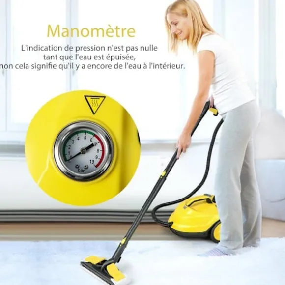 Mångsidig ångtvätt 2000W COSTWAY för vägglöss - 5 BAR - 15 tillbehör och manometrar - 1,8L tank - 160°C - 4 hjul - Gul Gul
