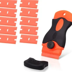 Plastskrapa med 10 plastskrapor, limremover, klisterborttagare för att ta bort etiketter, lim, dekaler på glas, fönster, golv, orange