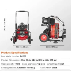 Reningsmaskin för avlopp - DUOKU - D1000 - 100FT x 1/2 Tum - Automatisk matning - 8 skärare Röd + svart