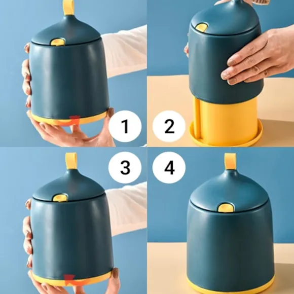 (Rund Kon - Blå) 2 Liter / 0,5 Gallon Mini Papperskorg med Trycklock - Kompakt Papperskorg för Skrivbord, Bord, Soffbord eller Bänkskiva