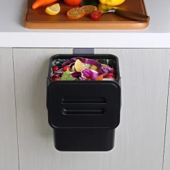 (Svart) Hängande liten soptunna med förseglad lock under diskho, 1,3 gallon monterbar kompostbehållare. Ingen O