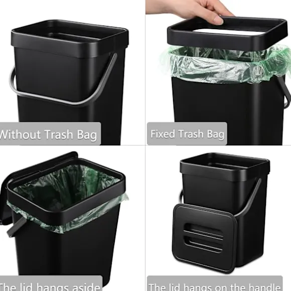 (Svart) Hängande liten soptunna med förseglad lock under diskho, 1,3 gallon monterbar kompostbehållare. Ingen O
