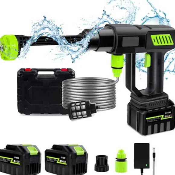 Trådlös Högtryckstvätt, 1000W Effekt, 980psi Tryck, 6-i-1 Munstycken,2 Batteri, Elektrisk
