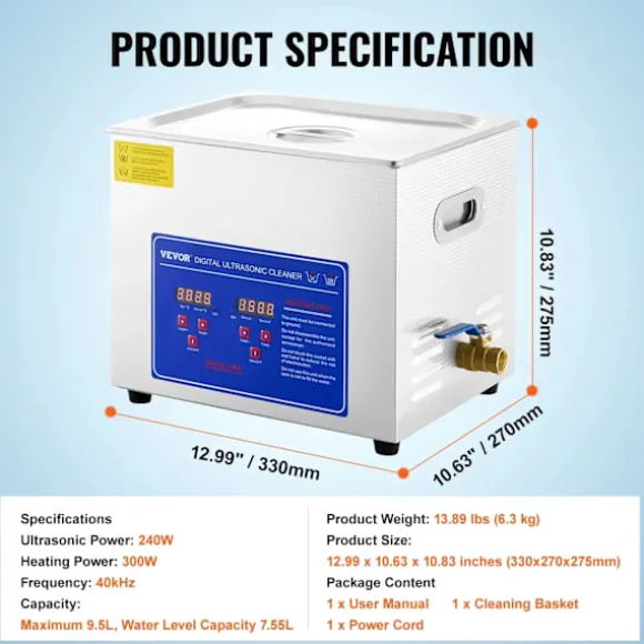 Ultraljudsrenare, Kraftfull 600W Ultraljudseffekt, Stor 27,2L Kapacitet,10 liter