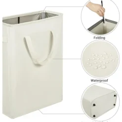 Ultratunn tvättkorg med handtag, hopfällbar korg för smutsiga kläder, smal väska, hopfällbar trasa, 45 L (53,34 cm, beige)