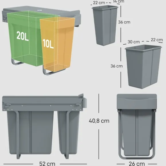 Utdragbar soptunna för kök, 2 avtagbara hinkar, 30 l, metall