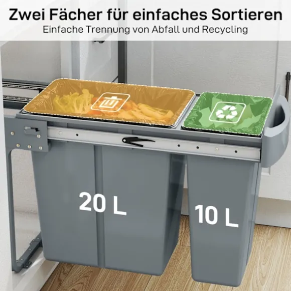 Utdragbar soptunna för kök, 2 avtagbara hinkar, 30 l, metall