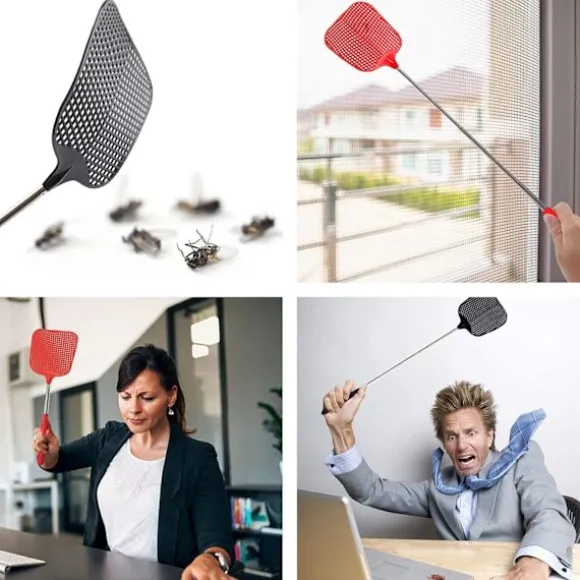 Utdragbara Flugsmällor 2-pack, med Teleskophandtag i Rostfritt Stål 28,5 cm till 75 cm (Svart & Röd)