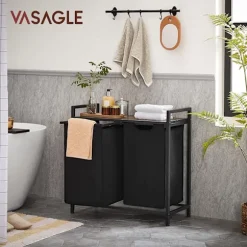 Vasagle tvätthämma, tvätthamper, 2 enkla utdragbara och avtagbara, brun och svart
