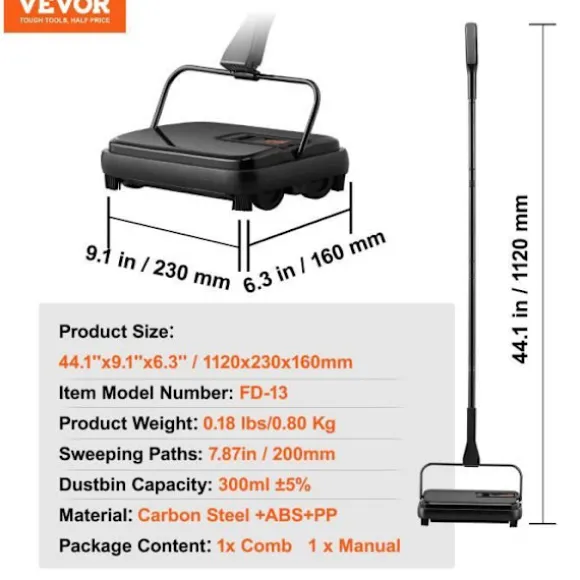VEVOR mekanisk borste manuell golv- och mattrengörare utan elektricitet