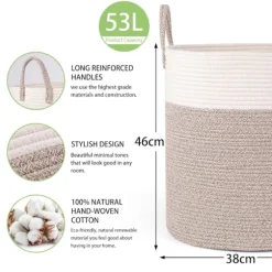 Vävda tvättkorg i bomull, 53L tvättkorg med handtag, 46x38cm