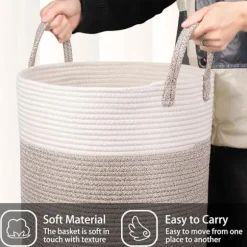 Vävda tvättkorg i bomull, 53L tvättkorg med handtag, 46x38cm