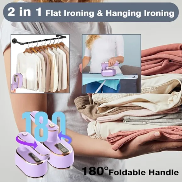 1000W hopfällbar handhållen minidamptång, keramisk non-stick-sula, 180° roterande handtag, 20s snabb uppvärmning, 2-i-1 bärbar ångstrykjärn Purple